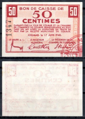 Франция, Кольмар 50 сантимов 1940 бумага UNC (пресс) 451-1025-3