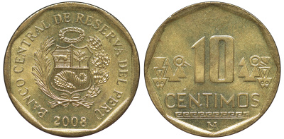 Перу 10 сентимо 2008 KM 305.4 латунь aUNC 4605-633