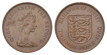 Джерси 2 пенса 1980 герб, Елизавета II (1952-2022) KM 31 бронза 4595-453