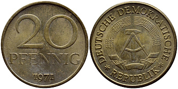 ГДР 20 пфеннигов 1971 А KM 11 латунь UNC 54-1352