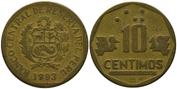 Перу 10 сентимо 1993 LIMA KM 305.1, Schon 104 латунь 4543-555