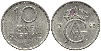 Швеция 10 эре 1968 U Густав VI Адольф (1950-1973) KM 835 медно-никель 4396-532