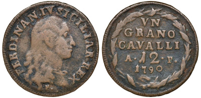 Италия, Неаполь и Сицилия 1 грано - 12 кавалли 1790 AP, правление Бурбонов, Фердинанд IV, 1-е правление С 39 медь 4513-111
