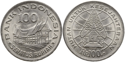 Индонезия 100 рупий 1978 хижина Минангкабау, легендарное дерево жизни KM 42 медно-никель UNC 4382-1135