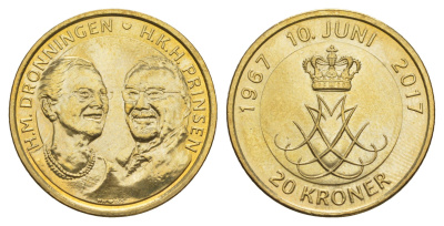Дания 20 крон 2017 Золотая свадьба KM 966 алюминиевая бронза UNC 4648-652