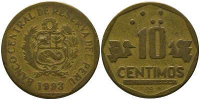 Перу 10 сентимо 1993 LIMA KM 305.1, Schon 104 латунь 4543-555