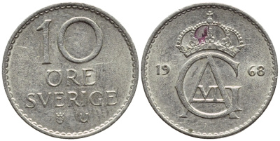 Швеция 10 эре 1968 U Густав VI Адольф (1950-1973) KM 835 медно-никель 4396-532