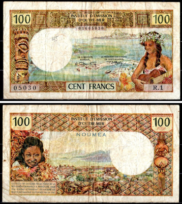 Новые Гебриды 100 франков ND (1965-1971) Девушка с гитарой, вид на порт. Pick 16 бумага 435-79-3-1