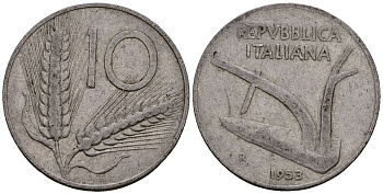 Италия 10 лир 1953 R, плуг, колосья KM 93 алюминий 4176-225