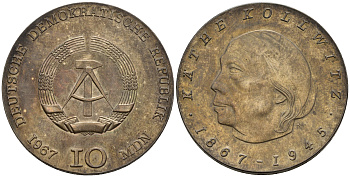 ГДР 10 марок 1967 100 лет со дня рождения Кете Кольвиц KM 17.1 серебро UNC 01-160-13-2
