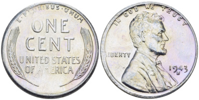 США 1 цент 1943 S (Сан-Франциско), Авраам Линкольн KM 132 a сталь плакированная цинком 39-124