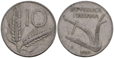 Италия 10 лир 1953 R, плуг, колосья KM 93 алюминий 4176-225