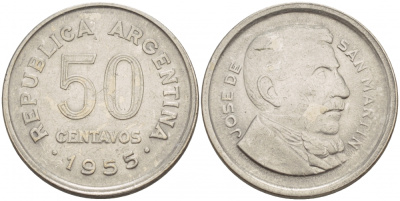 Аргентина 50 сентаво 1955 генерал Хосе де Сан Мартин KM 49 сталь плакированная никелем 4548-336