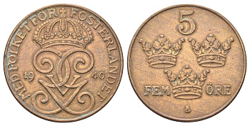 Швеция 5 эре 1940 Густав V (1907-1950) KM 779.2 бронза 4706-946