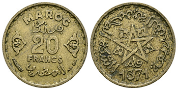 Марокко 20 франков 1950 год 1371, Мухаммед V (1346-1381) (1927-1962) KM 50 алюминиевая бронза 4385-714