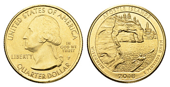США 1/4 доллара (25 центов) 2018 Квотеры «Парки США» - Национальный озерный центр Апостольских островов KM 670 медь плакированная золотом UNC 11-227-21