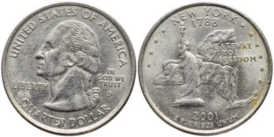 США 25 центов = квотер 2001 D, серия штаты США, Нью-Йорк KM 318 медь плакированная медно-никелем 4397-122