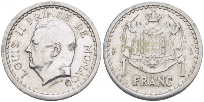 Монако 1 франк 1943 Луи II (1922-1949) KM 120 алюминий 4402-731