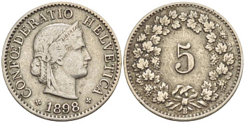 ШВЕЙЦАРИЯ 5 РАППЕНОВ 1898 В KM 26 медно-никель 4532-911