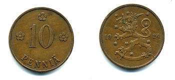 Финляндия 10 пенни 1924 республика (1918-1962) KM 24 медь 46-1255