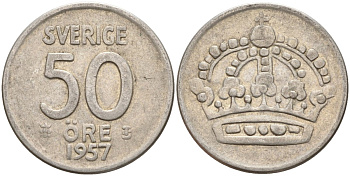 Швеция 50 эре 1957 TS, Густав VI Адольф (1950-1973) KM 825 серебро 4148-943