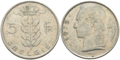 Бельгия 5 франков 1975 Belgie, Бодуэн I (1951-1993) KM 135.1 медно-никель 119-836