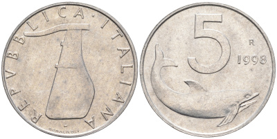 Италия 5 лир 1998 R, дельфин KM 92 алюминий  UNC  4594-955