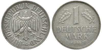 ФРГ 1 МАРКА 1962 G KM 110, J. 385 медно-никель 72-722