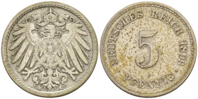 ГЕРМАНИЯ 5 ПФЕННИГОВ 1899 A KM 11, J. 12, Weege 6 медно-никель 206-923