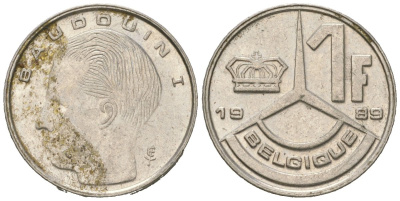 Бельгия 1 франк 1989 Belgique, Бодуэн I (1951-1993) KM 170 железо плакированное никелем 4618-227