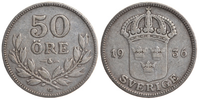 Швеция 50 эре 1936 G, Густав V (1907-1950), 6 вытянутая KM 788 серебро 4179-946