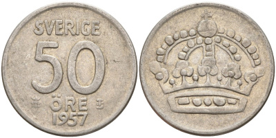 Швеция 50 эре 1957 TS, Густав VI Адольф (1950-1973) KM 825 серебро 4148-943
