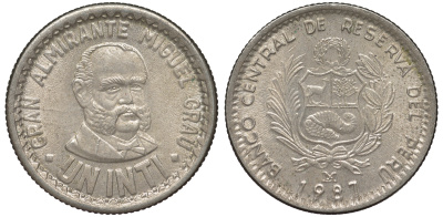 Перу 1 инти 1987 LIMA, Мигель Грау KM 296 медно-никель 4605-327