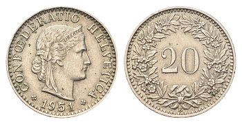 Швейцария 20 раппенов 1951 B KM 29a медно-никель 4705-868