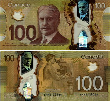 Канада 100 долларов 2011 Роберт Борден, женщина у микроскопа, Wilkins - Stephen Poloz Pick 110 пластик UNC (пресс) 451-256-2