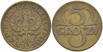 ПОЛЬША 5 ГРОШЕЙ 1923 KM 10 латунь 4549-148