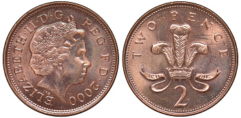 Великобритания 2 пенса 2000 Елизавета II (1952-2022) KM 987, Spink 4690 (C5) сталь плакированная медью 3334-845