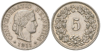 Швейцария 5 раппенов 1911 B KM 26 медно-никель 4160-517