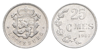 Люксембург 25 сантимов 1967 Герцог Жан (1964-1999) KM 45a.1 алюминий 4115-527