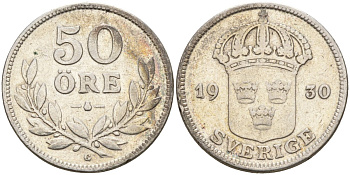 Швеция 50 эре 1930 G, Густав V (1907-1950) KM 788 серебро 4148-837