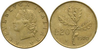 Италия 20 лир 1970 R, дубовая ветвь KM 97.2 алюминиевая бронза 4171-854