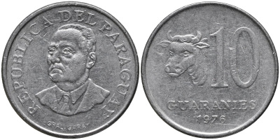 Парагвай 10 гуарни 1976 корова KM 153 нержавеющия сталь 4393-1152