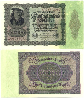 Германия 50000 марок 1922 19 ноября 1922, два серийных номера Pick 80 бумага aUNC 451-149-1