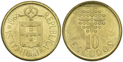 Португалия 10 эскудо 1988 KM 633 никель латунь 4148-516