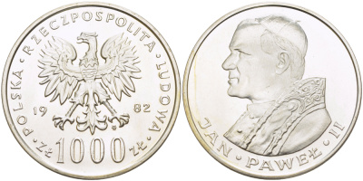 Польша 1000 злотых 1982 MW, визит папы Иоанна Павла II в Польшу KM 144, Parchimowicz 337a серебро UNC 1085-2-13