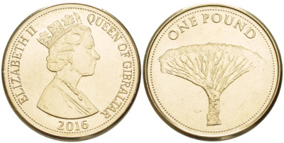 Гибралтар 1 фунт 2016 драконовое дерево, Елизавета II (1952-2022) KM 5 латунь UNC M3-12
