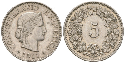 Швейцария 5 раппенов 1911 B KM 26 медно-никель 4160-517