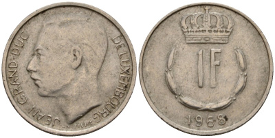 Люксембург 1 франк 1968 Великий герцог Жан (1964-1999) KM 55 медно-никель 4603-1123