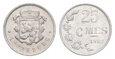 Люксембург 25 сантимов 1967 Герцог Жан (1964-1999) KM 45a.1 алюминий 4115-527