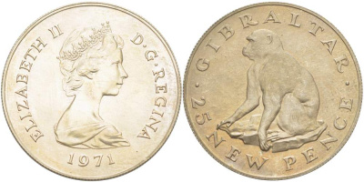 Гибралтар 25 пенсов 1971 Елизавета II (1952-2022), обезьяна KM 5 медно-никель UNC 4527-422